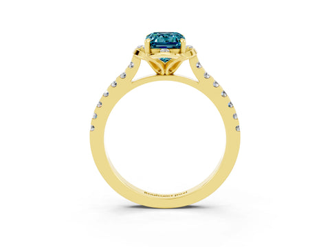 Yellow gold Emerald Cut Blue Topaz Ring with Pavé Band and Floral Prong Setting_3
