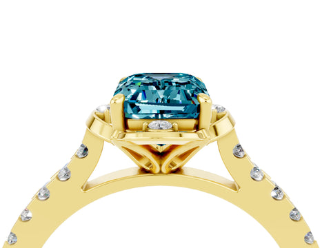 Yellow gold Emerald Cut Blue Topaz Ring with Pavé Band and Floral Prong Setting_4
