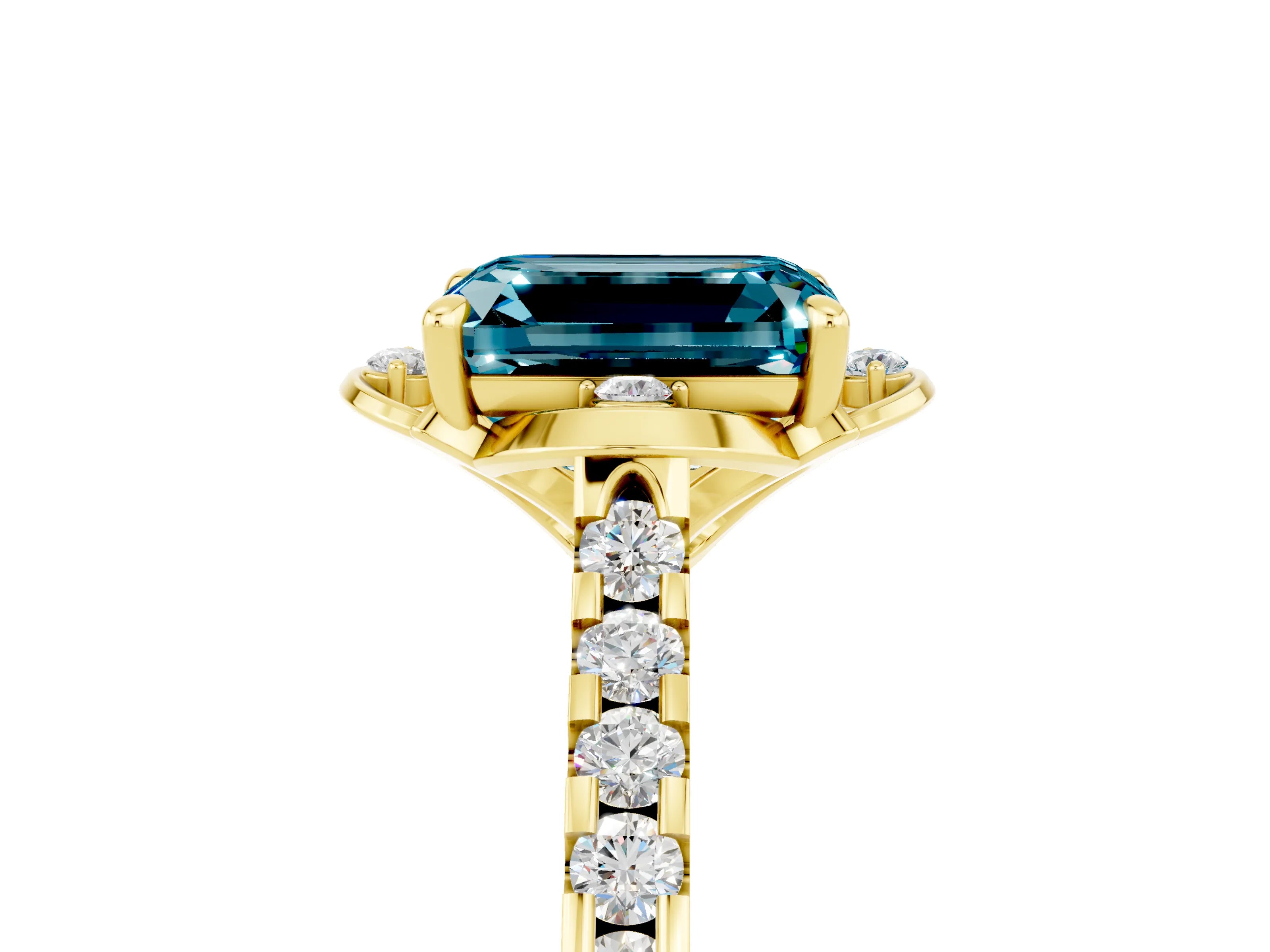 Yellow gold Emerald Cut Blue Topaz Ring with Pavé Band and Floral Prong Setting_5