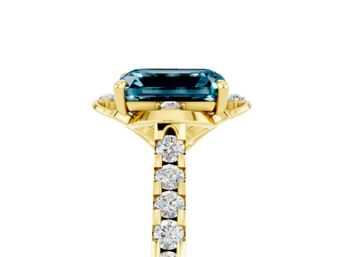 Yellow gold Emerald Cut Blue Topaz Ring with Pavé Band and Floral Prong Setting_5