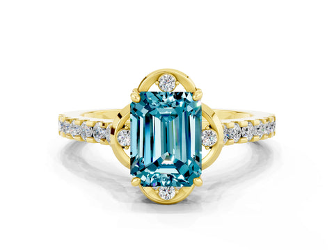 Yellow gold Emerald Cut Blue Topaz Ring with Pavé Band and Floral Prong Setting