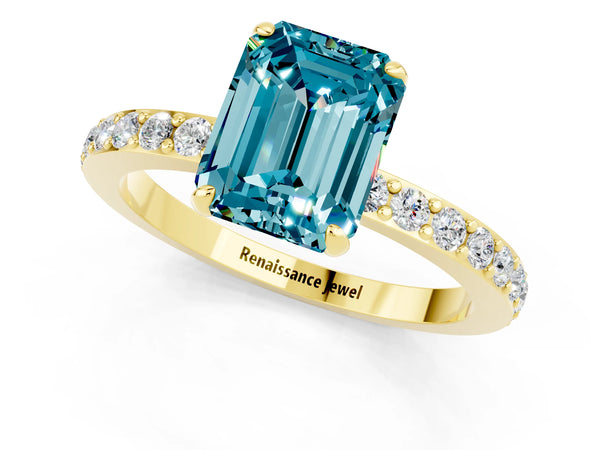 Yellow gold Emerald Cut Blue Topaz Pavé Engagement Ring with Round  Accents and Prong Setting