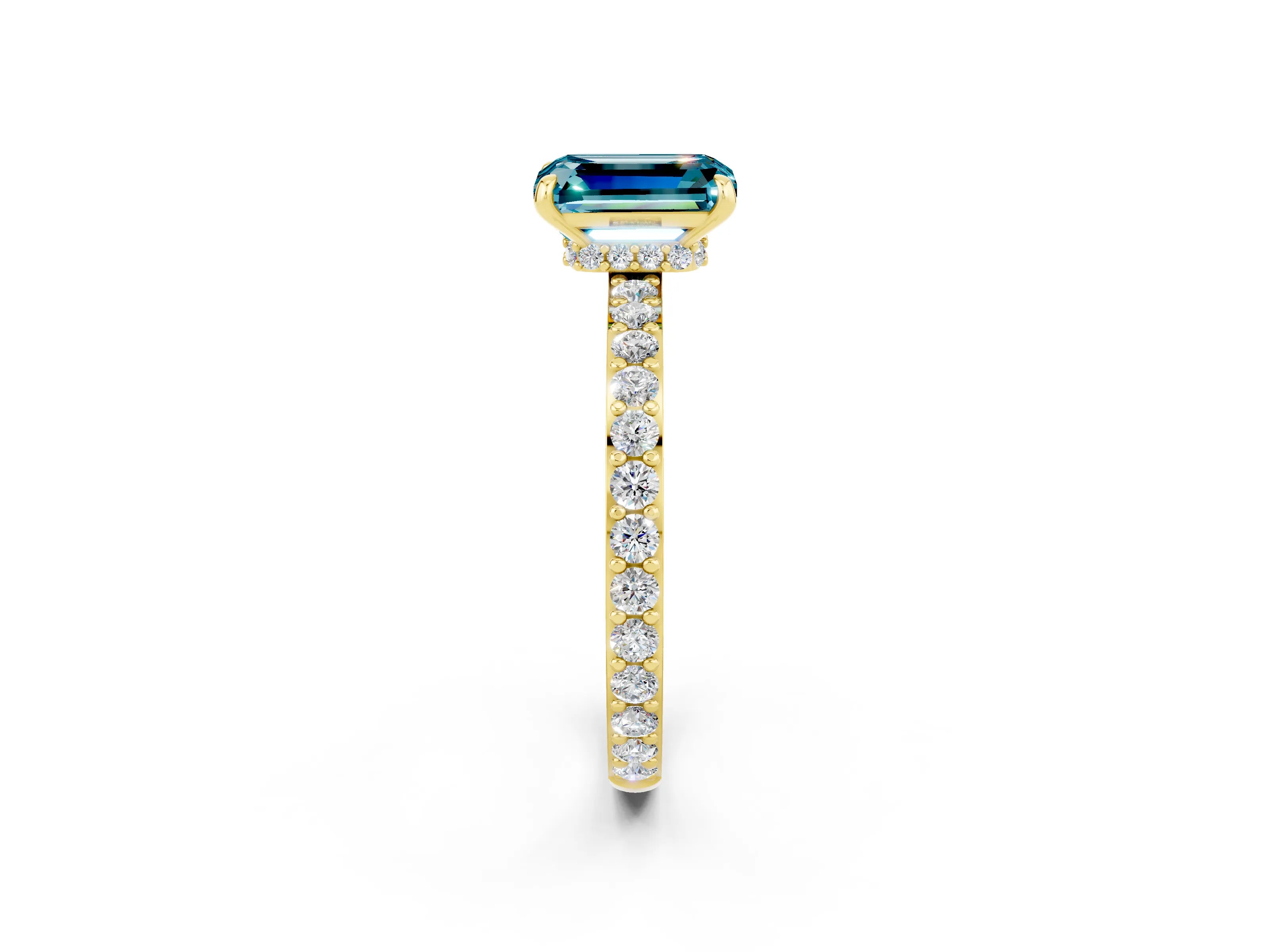Yellow gold Emerald Cut Blue Topaz Ring with Pavé Band and Four-Prong Setting_2