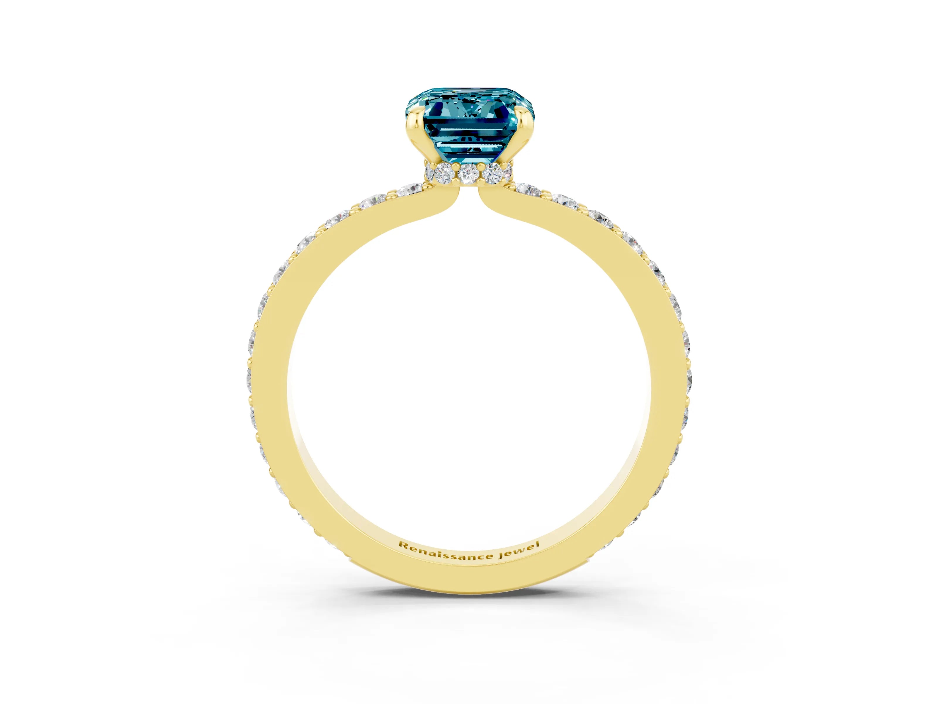 Yellow gold Emerald Cut Blue Topaz Ring with Pavé Band and Four-Prong Setting_3