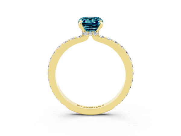 Yellow gold Emerald Cut Blue Topaz Pavé Engagement Ring with Round  Accents and Prong Setting