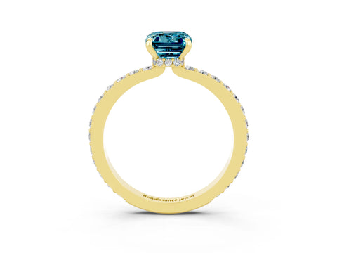 Yellow gold Emerald Cut Blue Topaz Ring with Pavé Band and Four-Prong Setting_3