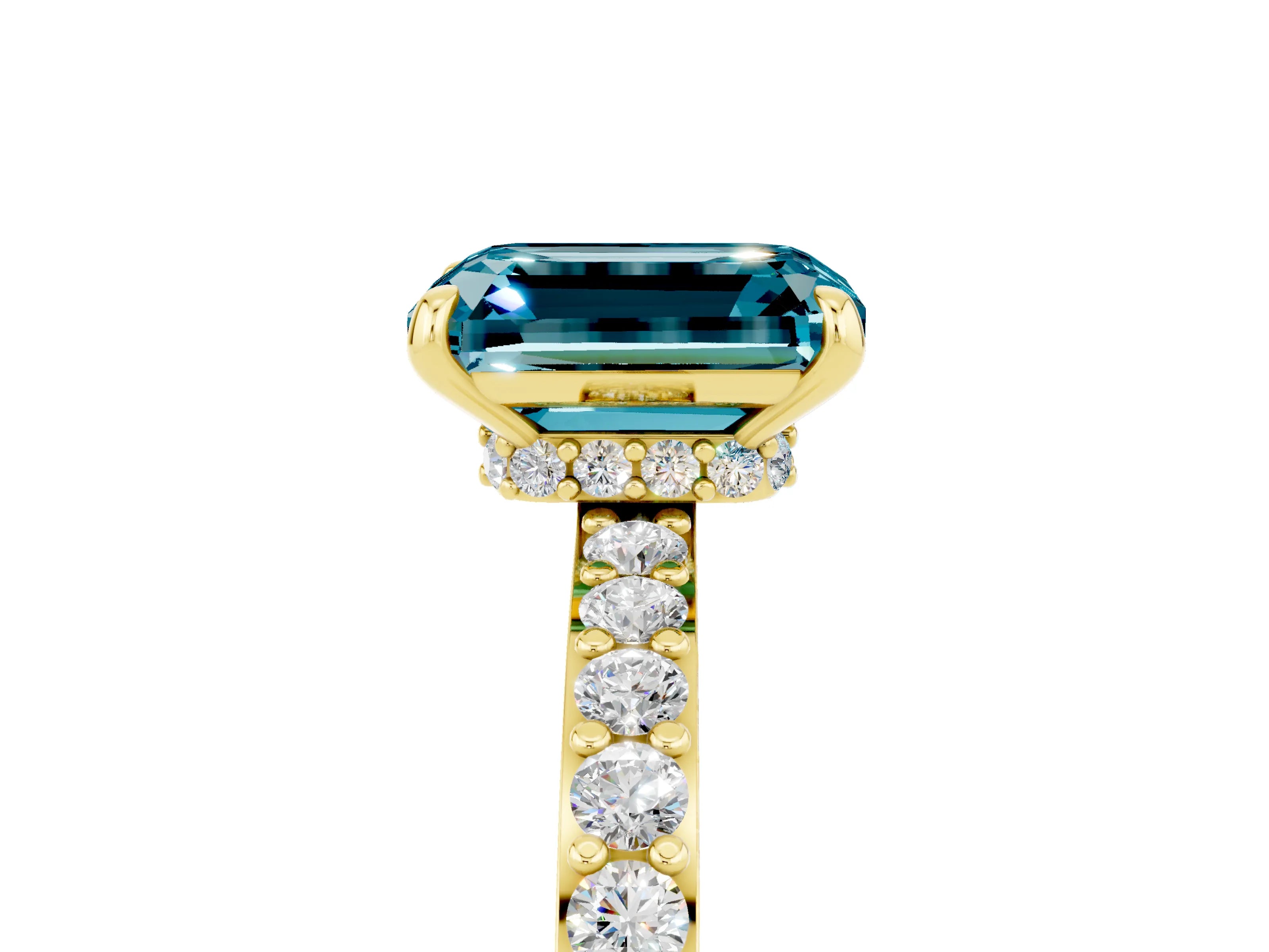 Yellow gold Emerald Cut Blue Topaz Ring with Pavé Band and Four-Prong Setting_5