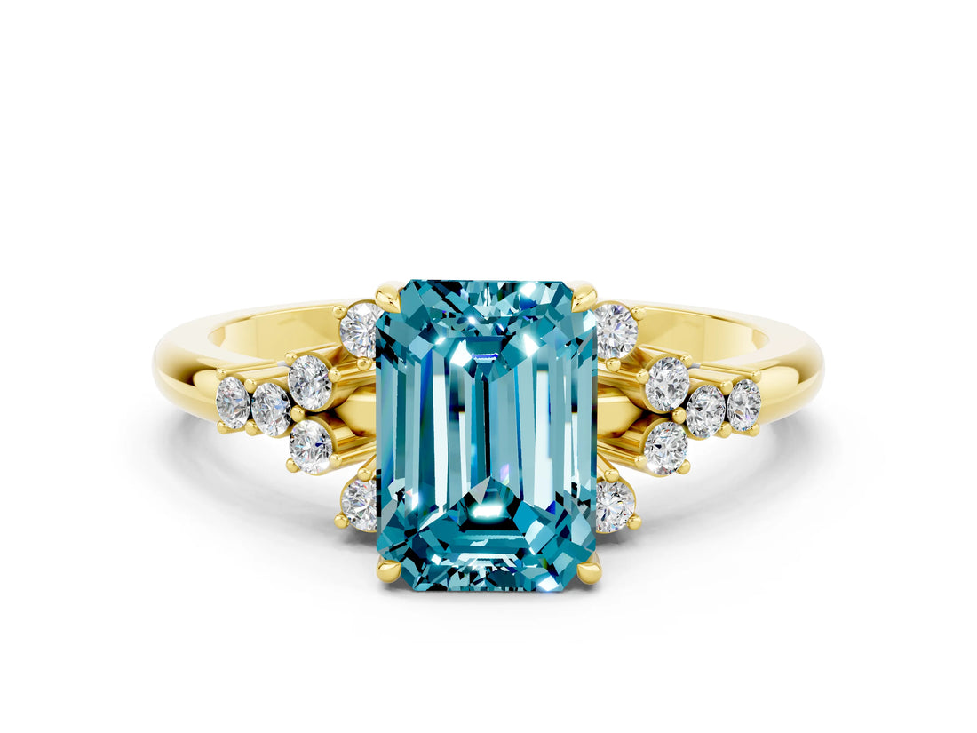 Yellow gold Emerald Cut Blue Topaz Ring with Side Stones and Four-Prong Setting_36
