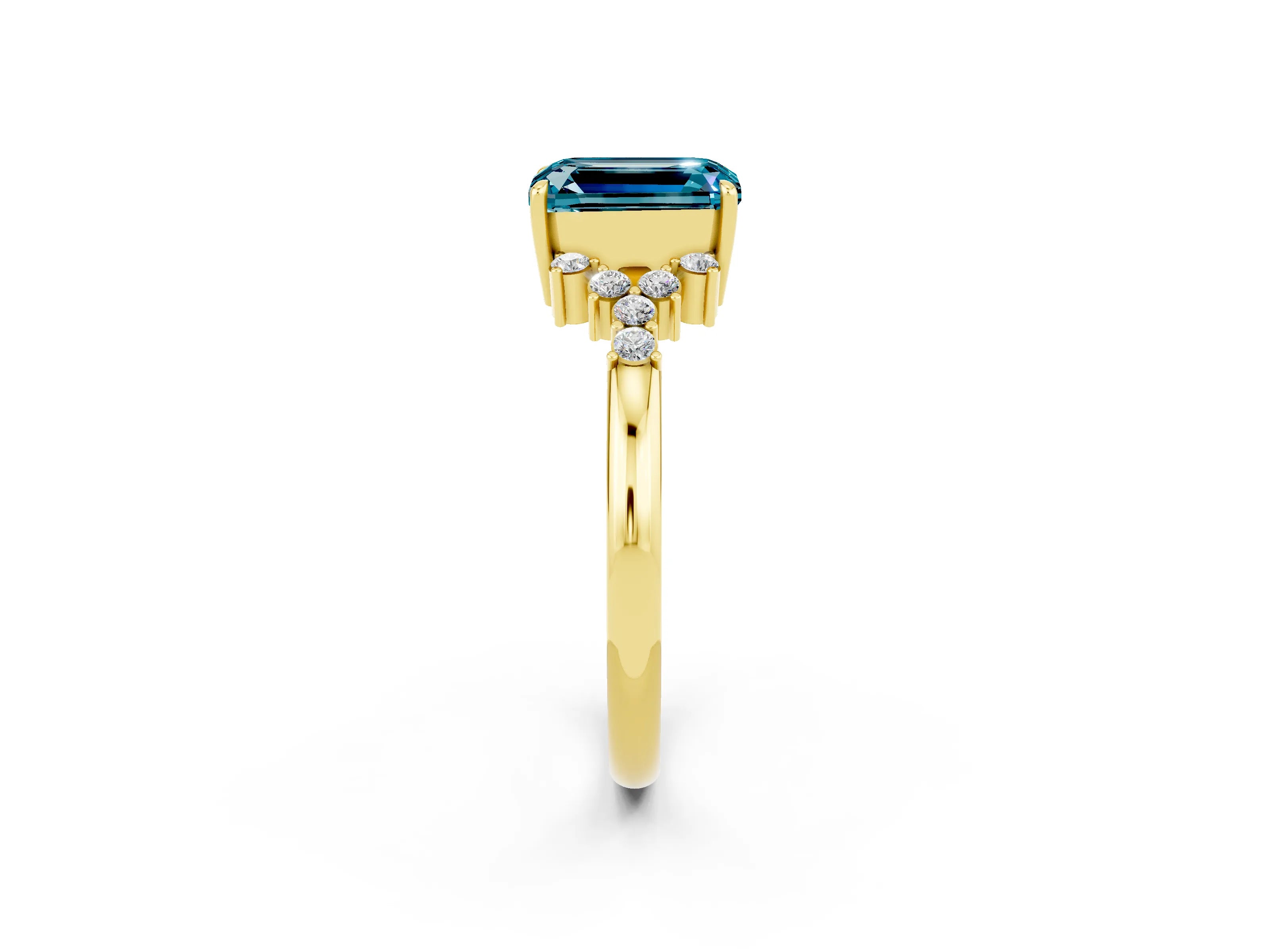 Yellow gold Emerald Cut Blue Topaz Ring with Side Stones and Four-Prong Setting_38