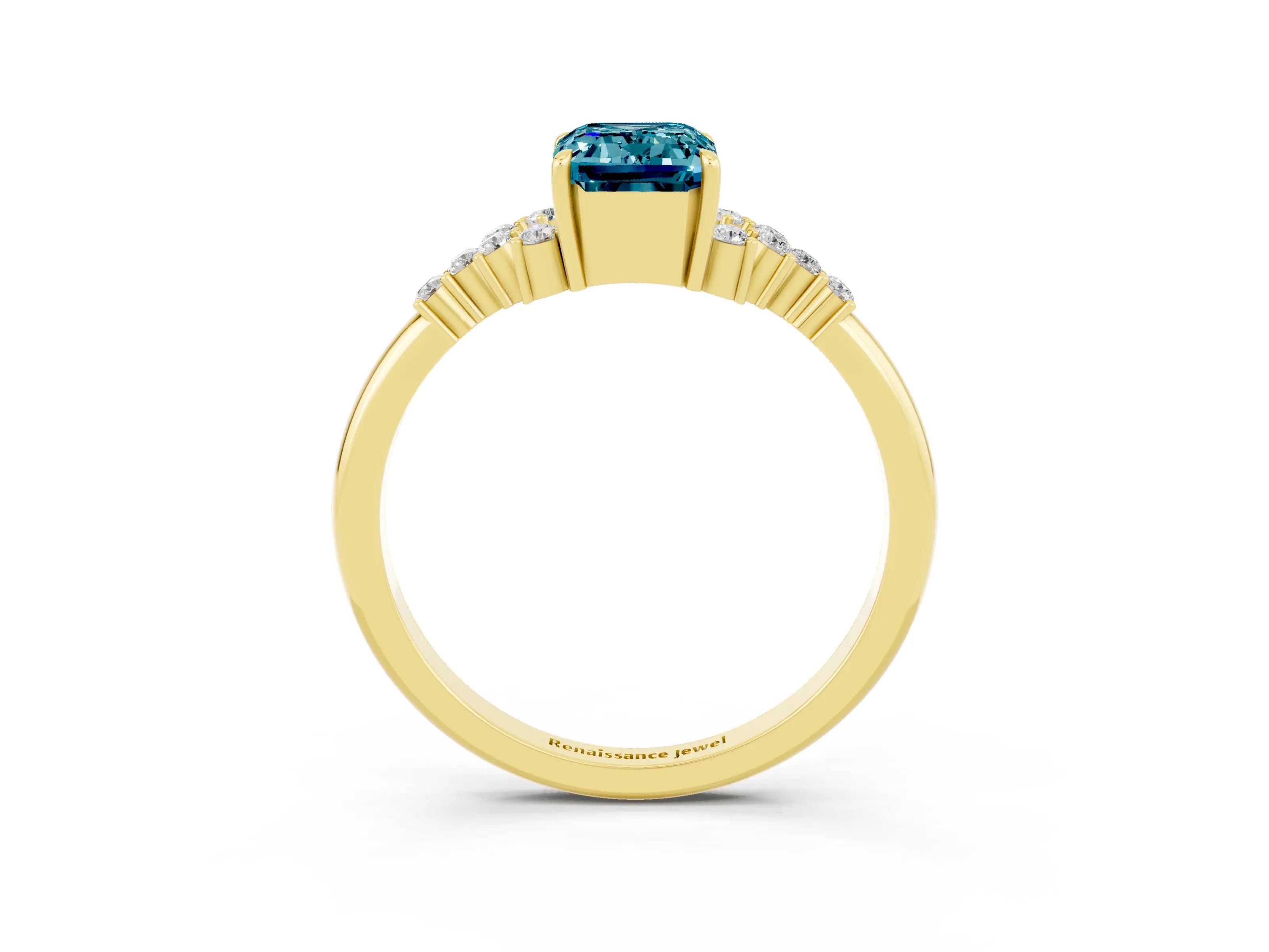 Yellow gold Emerald Cut Blue Topaz Ring with Side Stones and Four-Prong Setting_39