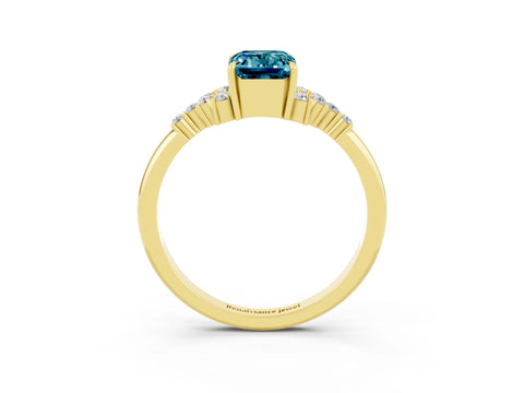 Yellow gold Emerald Cut Blue Topaz Ring with Side Stones and Four-Prong Setting_39