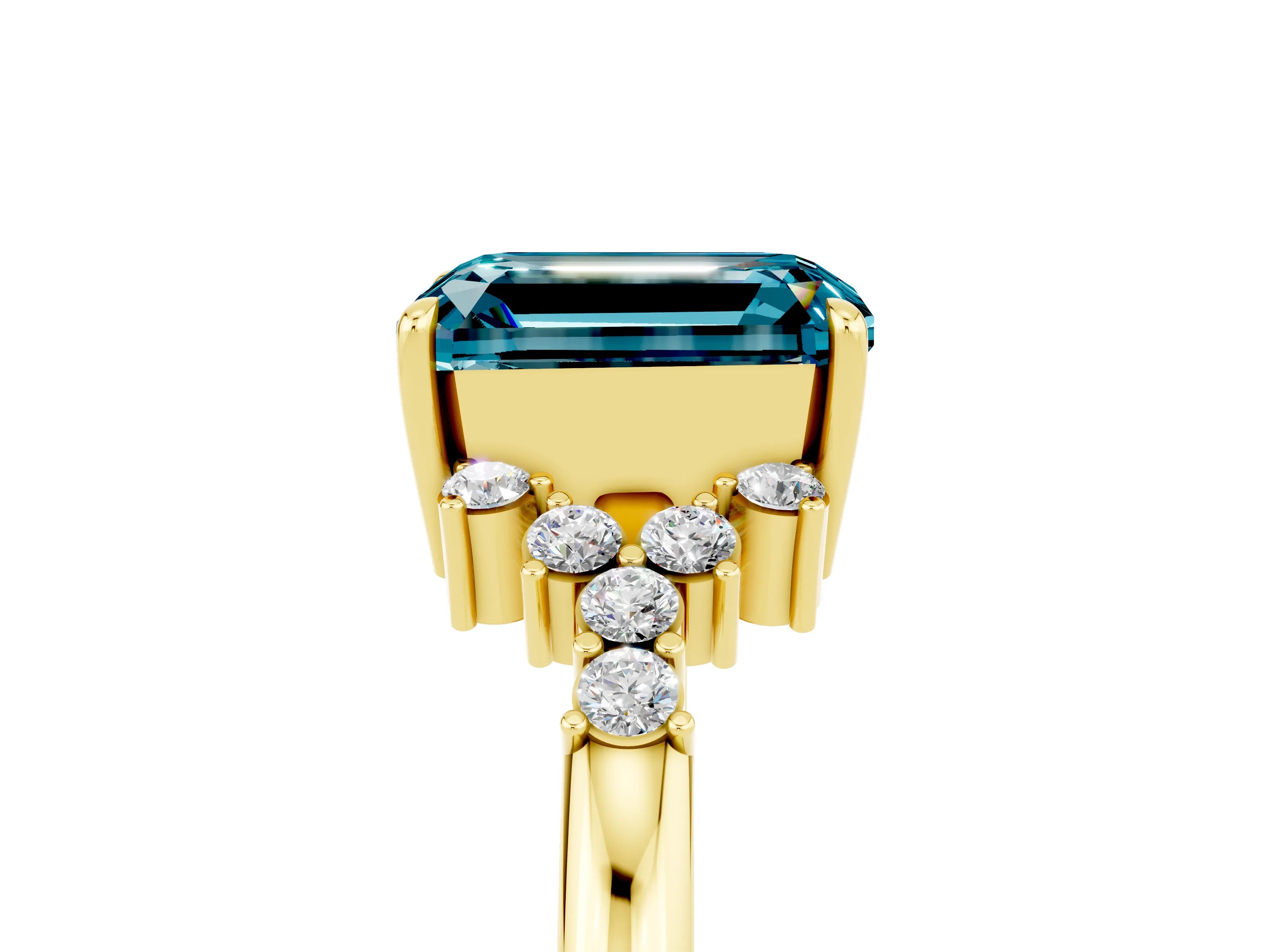 Yellow gold Emerald Cut Blue Topaz Ring with Side Stones and Four-Prong Setting_41
