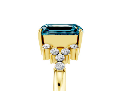 Yellow gold Emerald Cut Blue Topaz Ring with Side Stones and Four-Prong Setting_41