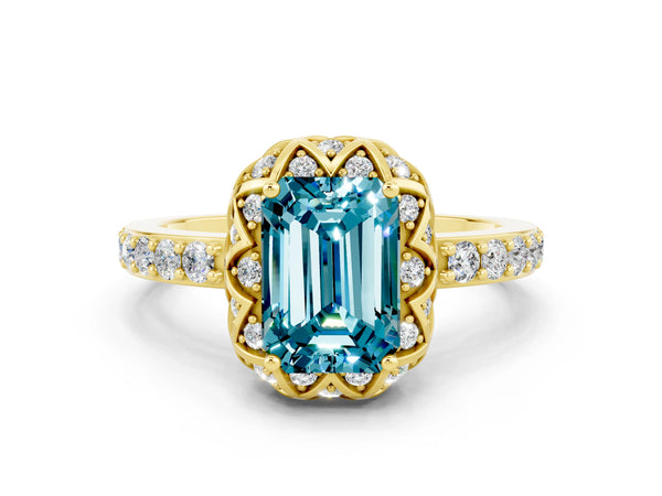 Yellow gold Emerald Cut Blue Topaz Scalloped Halo Engagement Ring with Round Shared Prong Band