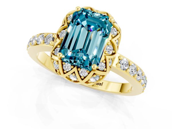 Yellow gold Emerald Cut Blue Topaz Scalloped Halo Engagement Ring with Round Shared Prong Band