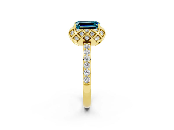 Yellow gold Emerald Cut Blue Topaz Scalloped Halo Engagement Ring with Round Shared Prong Band