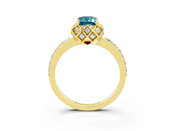 Yellow gold Emerald Cut Blue Topaz Scalloped Halo Engagement Ring with Round Shared Prong Band