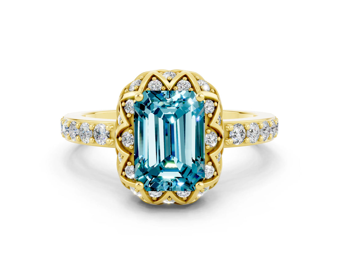 Yellow gold Emerald Cut Blue Topaz Scalloped Halo Engagement Ring with Round Shared Prong Band_24