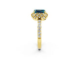 Yellow gold Emerald Cut Blue Topaz Scalloped Halo Engagement Ring with Round Shared Prong Band_26