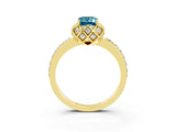 Yellow gold Emerald Cut Blue Topaz Scalloped Halo Engagement Ring with Round Shared Prong Band_27