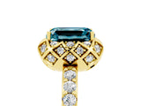 Yellow gold Emerald Cut Blue Topaz Scalloped Halo Engagement Ring with Round Shared Prong Band_29