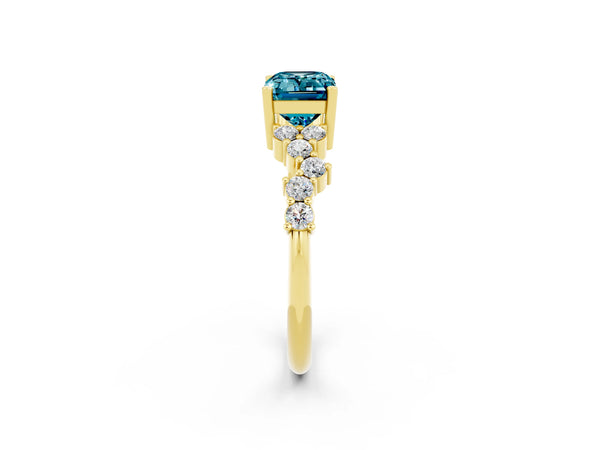 Yellow gold Emerald Cut Blue Topaz Scattered Round Accent Ring with Prong Setting