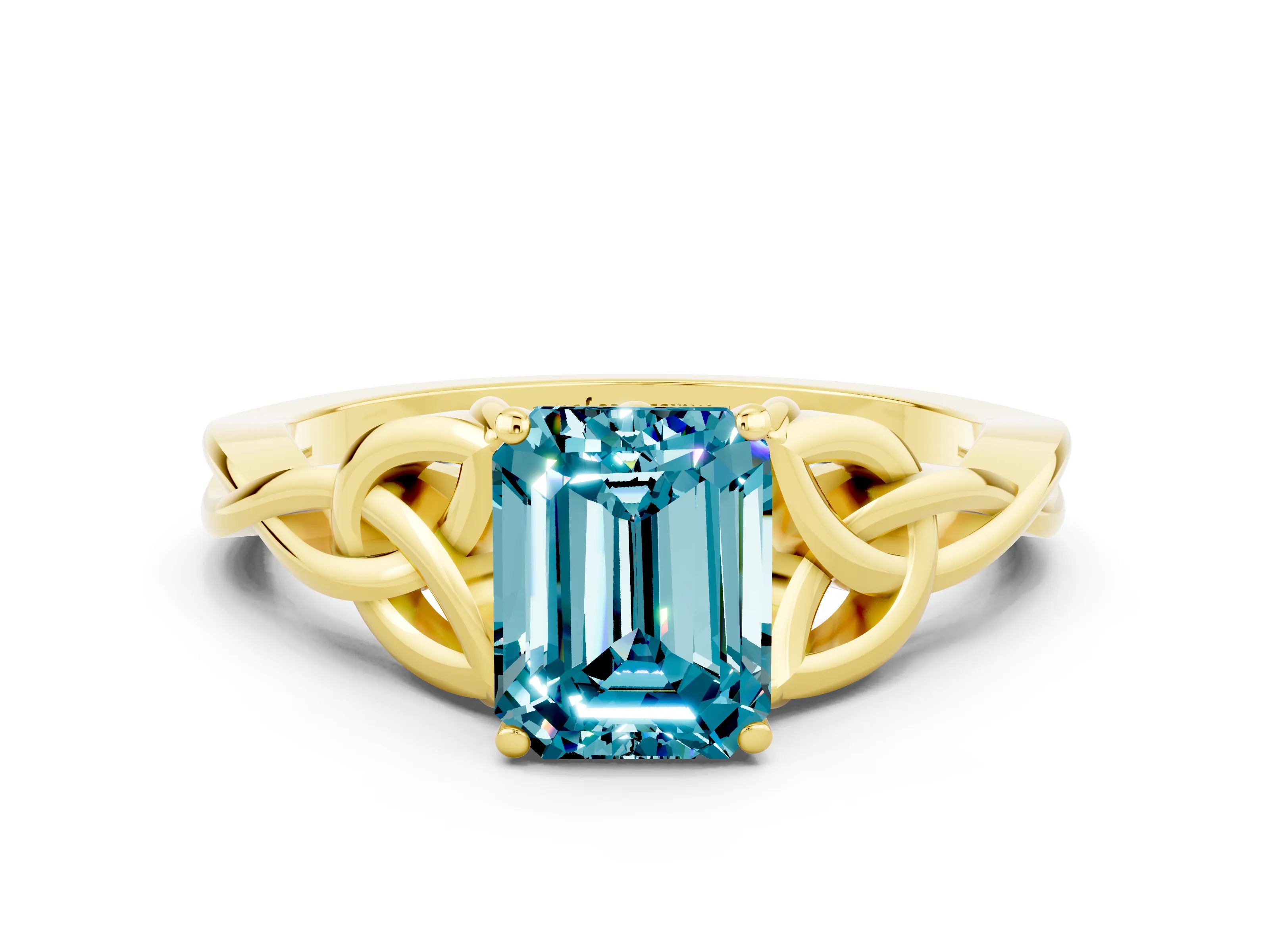 Yellow gold Emerald Cut Blue Topaz Solitaire Celtic Knot Ring with Four-Prong Setting_12