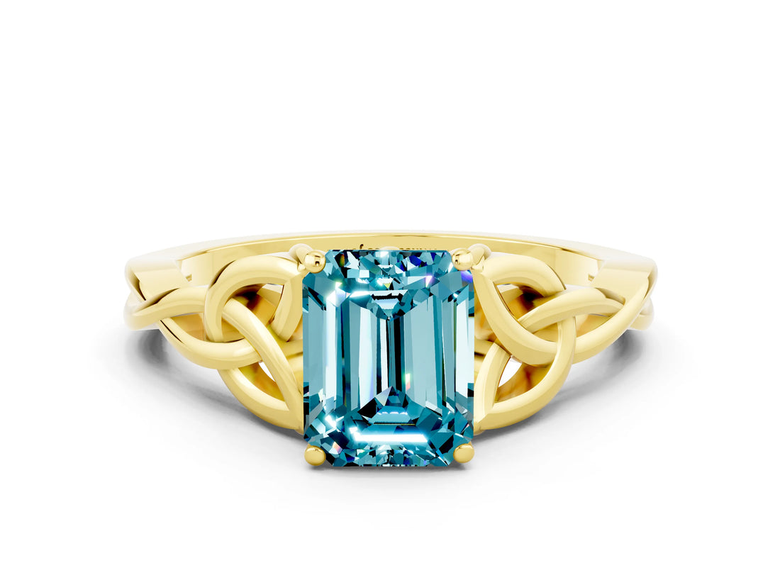Yellow gold Emerald Cut Blue Topaz Solitaire Celtic Knot Ring with Four-Prong Setting_12