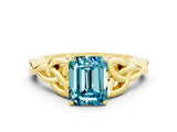 Yellow gold Emerald Cut Blue Topaz Solitaire Celtic Knot Ring with Four-Prong Setting_12