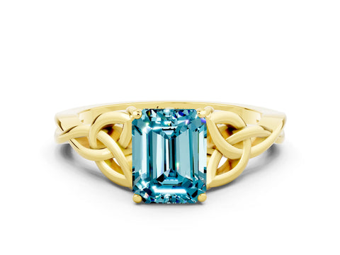 Yellow gold Emerald Cut Blue Topaz Solitaire Celtic Knot Ring with Four-Prong Setting_12