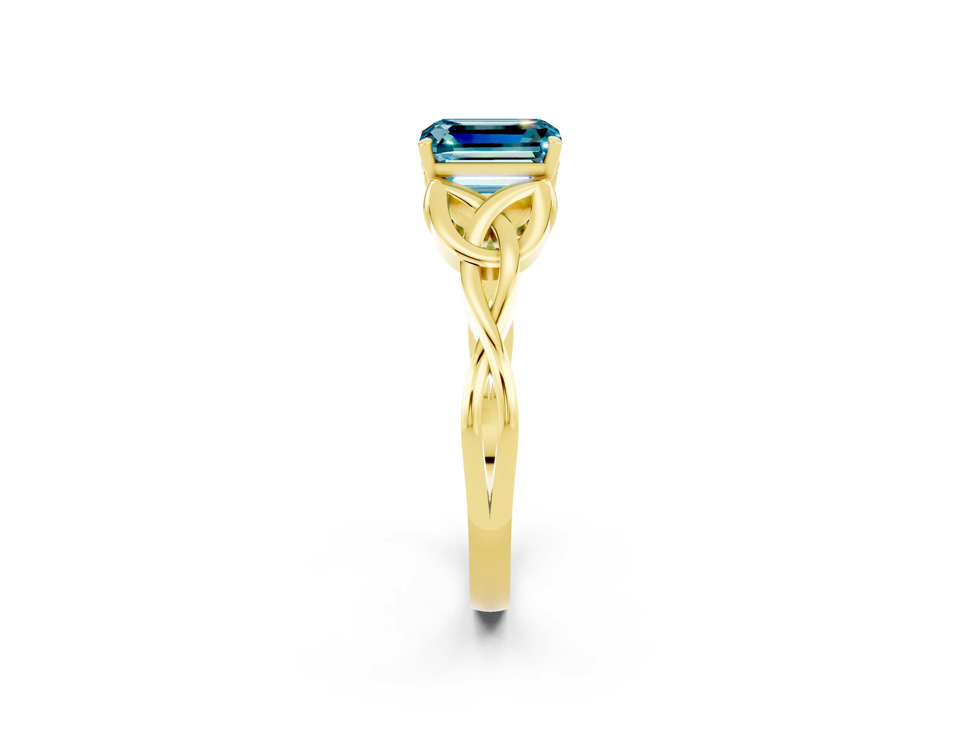 Yellow gold Emerald Cut Blue Topaz Solitaire Celtic Knot Ring with Four-Prong Setting_14