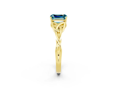 Yellow gold Emerald Cut Blue Topaz Solitaire Celtic Knot Ring with Four-Prong Setting_14