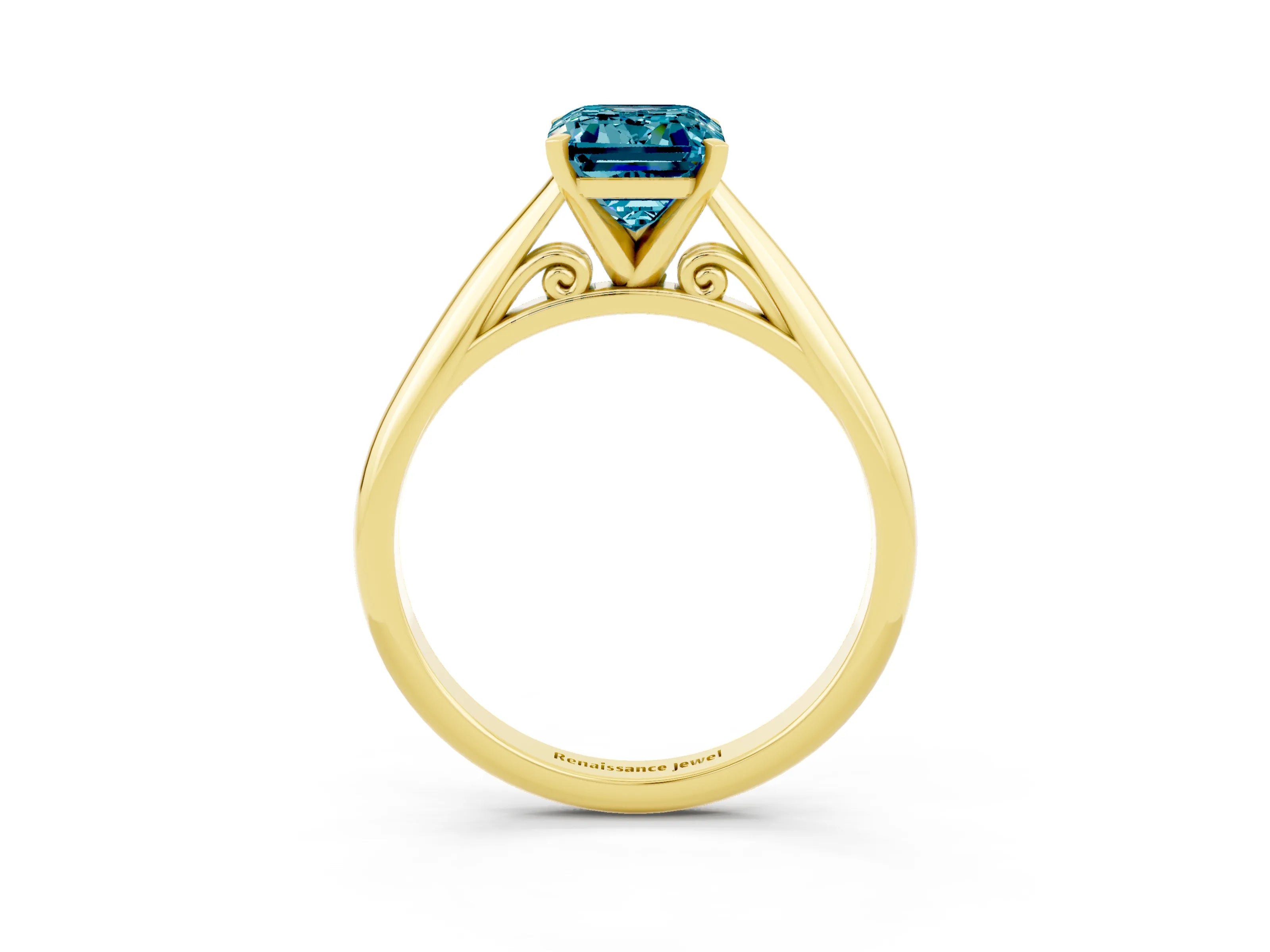 Yellow gold Emerald Cut Blue Topaz Solitaire Engagement Ring with Cathedral Setting and Four-Prong Mount_15