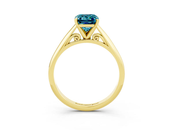 Yellow gold Emerald Cut Blue Topaz Solitaire Engagement Ring with Cathedral Setting and Four-Prong Mount