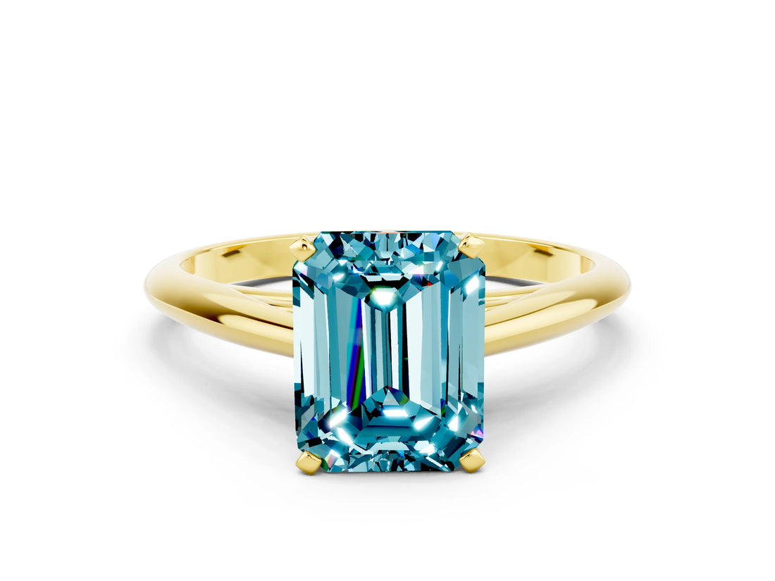 Yellow gold Emerald Cut Blue Topaz Solitaire Engagement Ring with Cathedral Setting and Four-Prong Mount_30