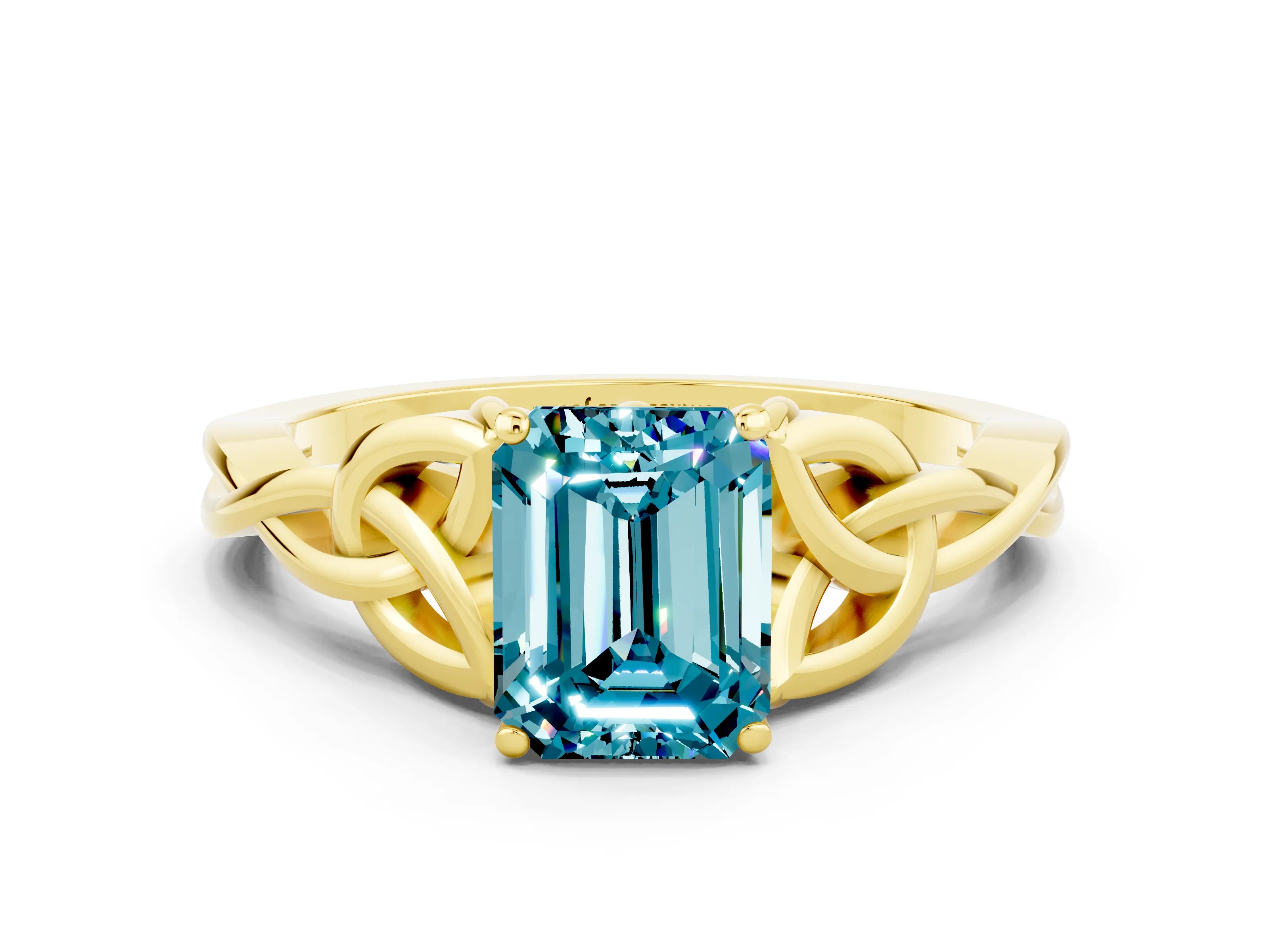 Yellow gold Emerald Cut Blue Topaz Solitaire Engagement Ring with Celtic Knot Band and Four-Prong Setting