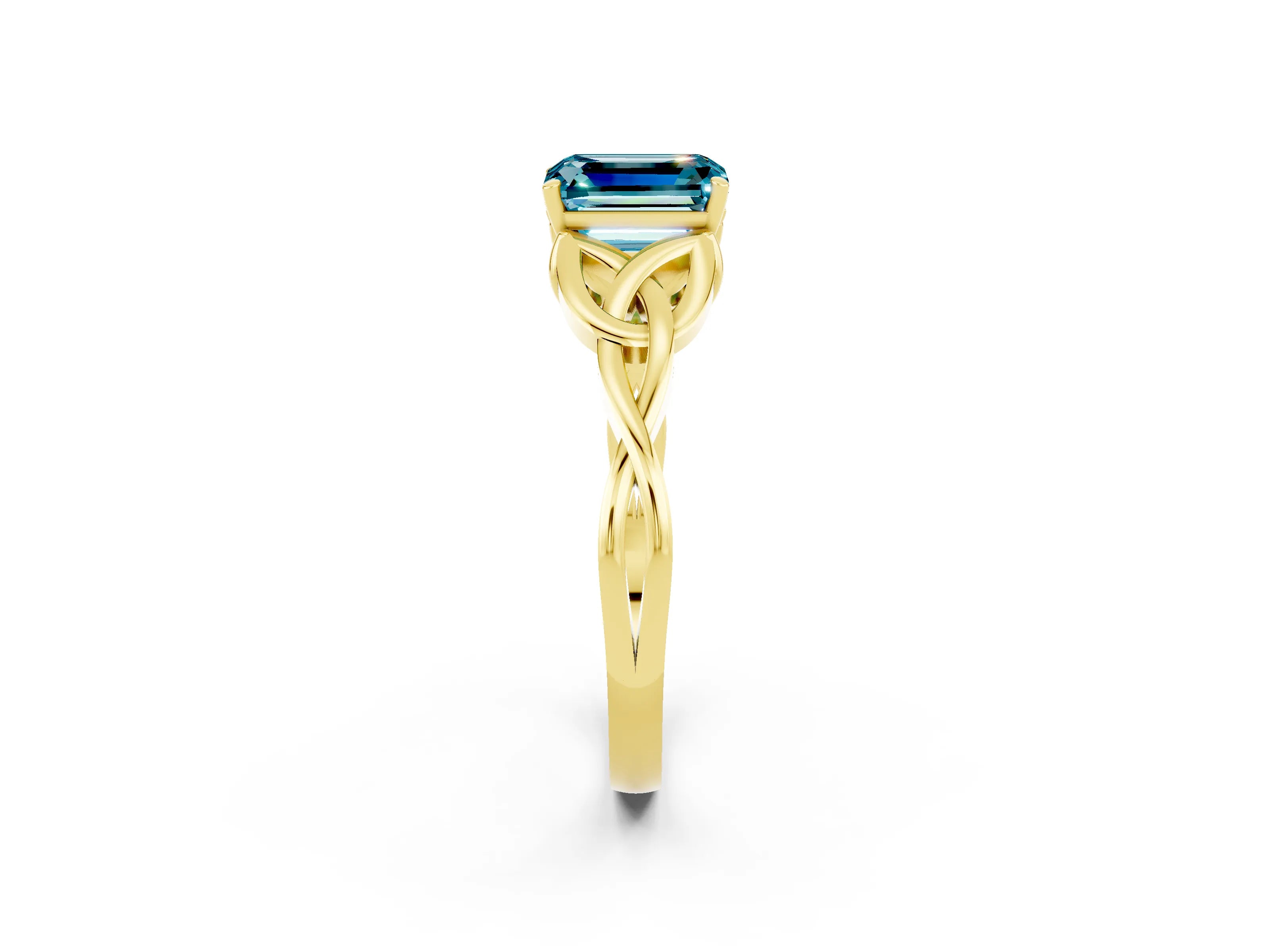 Yellow gold Emerald Cut Blue Topaz Solitaire Engagement Ring with Celtic Knot Band and Four-Prong Setting_2