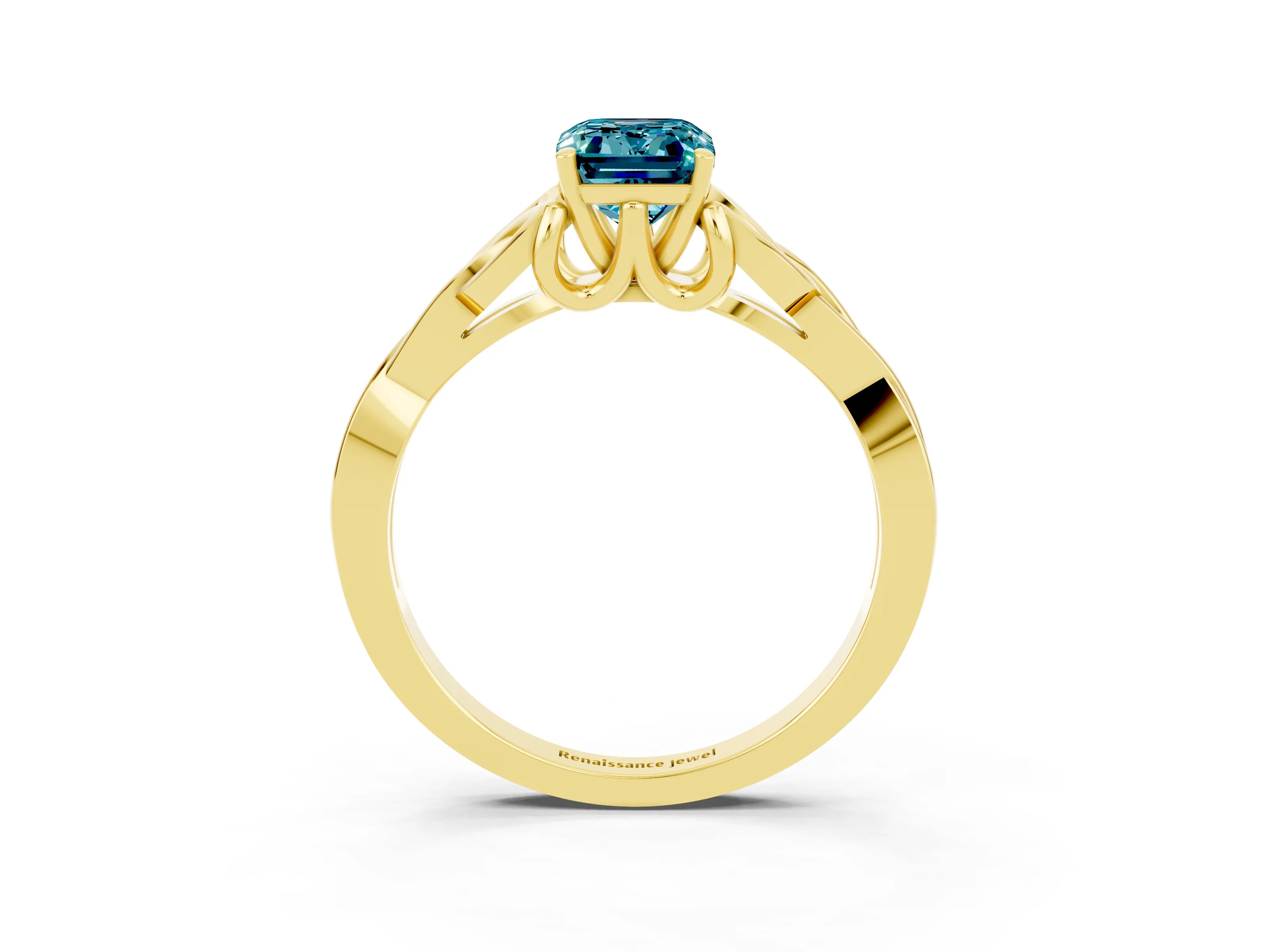 Yellow gold Emerald Cut Blue Topaz Solitaire Engagement Ring with Celtic Knot Band and Four-Prong Setting_3