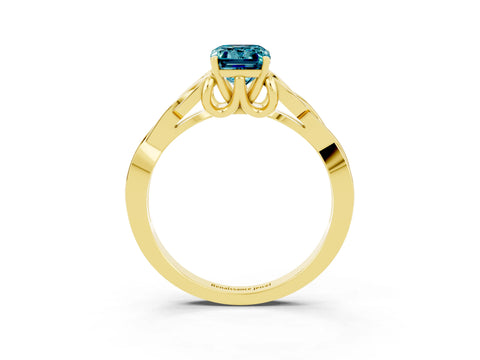Yellow gold Emerald Cut Blue Topaz Solitaire Engagement Ring with Celtic Knot Band and Four-Prong Setting_3