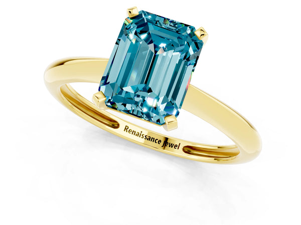 Yellow gold Emerald Cut Blue Topaz Solitaire Engagement Ring with Classic Band and Four-Prong Setting