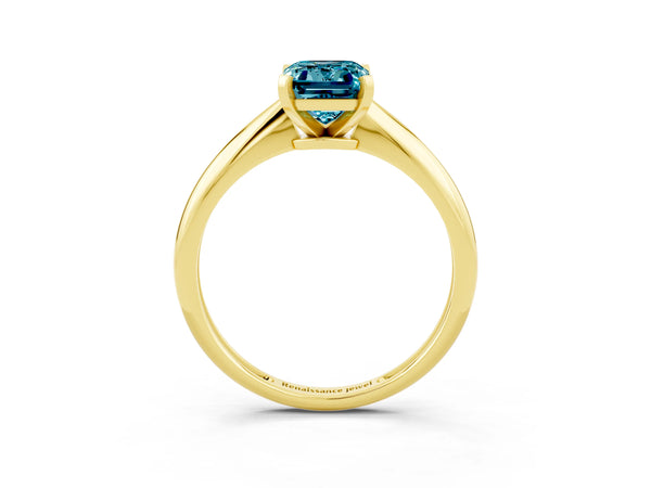 Yellow gold Emerald Cut Blue Topaz Solitaire Engagement Ring with Classic Band and Four-Prong Setting