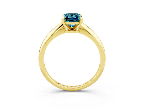 Yellow gold Emerald Cut Blue Topaz Solitaire Engagement Ring with Classic Band and Four-Prong Setting