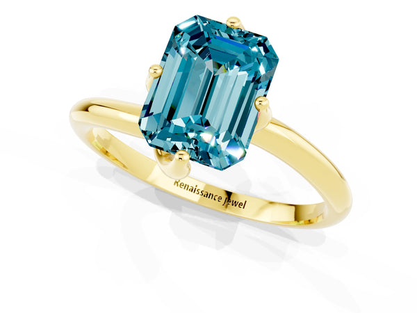 Yellow gold Emerald Cut Blue Topaz Solitaire Engagement Ring with Four-Prong Setting and Classic Band