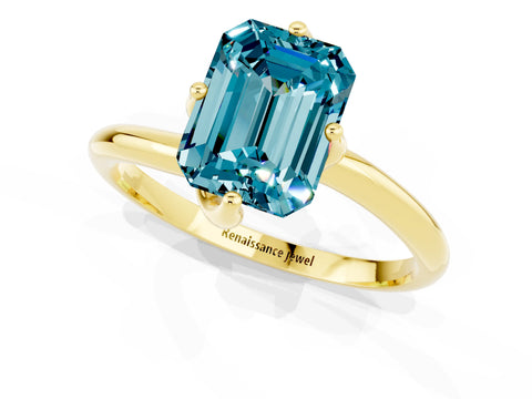Yellow gold Emerald Cut Blue Topaz Solitaire Engagement Ring with Four-Prong Setting and Classic Band_13