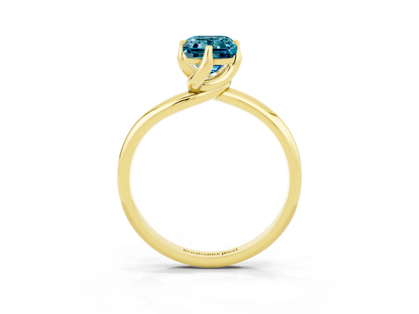 Yellow gold Emerald Cut Blue Topaz Solitaire Engagement Ring with Four-Prong Setting and Classic Band