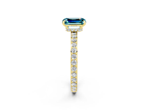 Yellow gold Emerald Cut Blue Topaz Solitaire Engagement Ring with Pavé Band and Four-Prong Setting