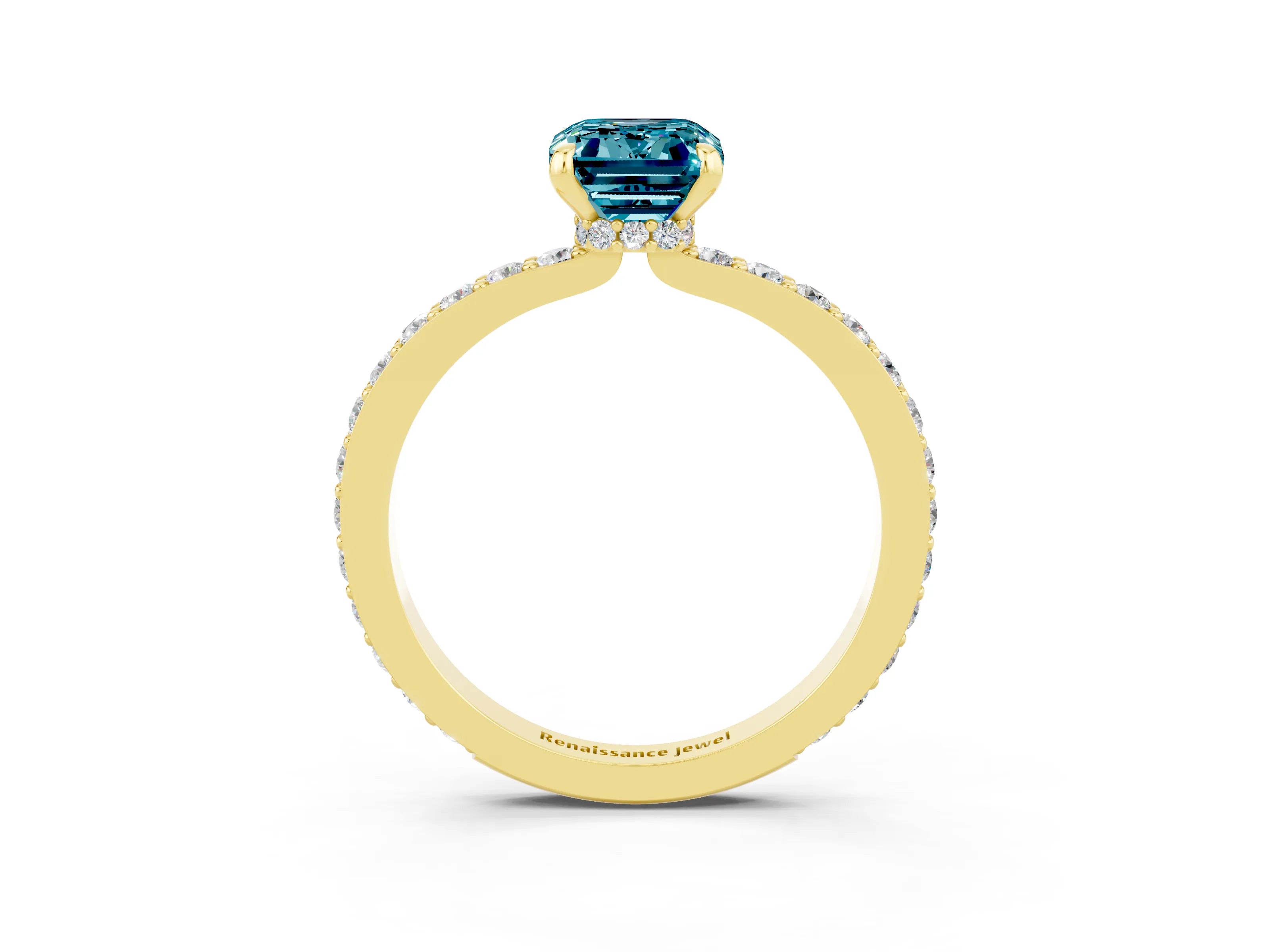 Yellow gold Emerald Cut Blue Topaz Solitaire Engagement Ring with Pavé Band and Four-Prong Setting_3