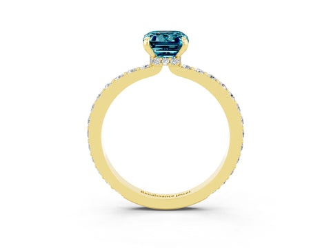 Yellow gold Emerald Cut Blue Topaz Solitaire Engagement Ring with Pavé Band and Four-Prong Setting_3