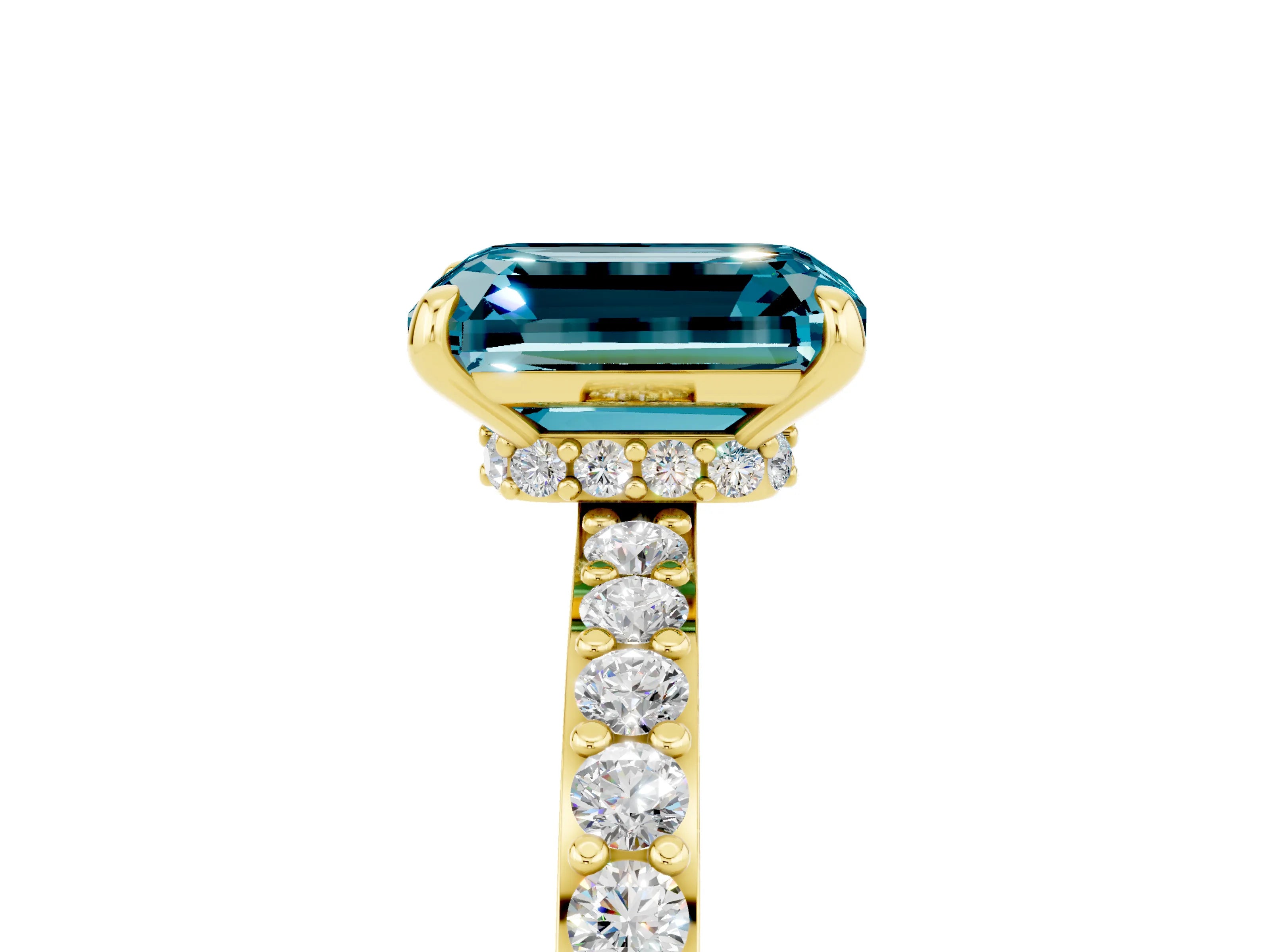 Yellow gold Emerald Cut Blue Topaz Solitaire Engagement Ring with Pavé Band and Four-Prong Setting_5