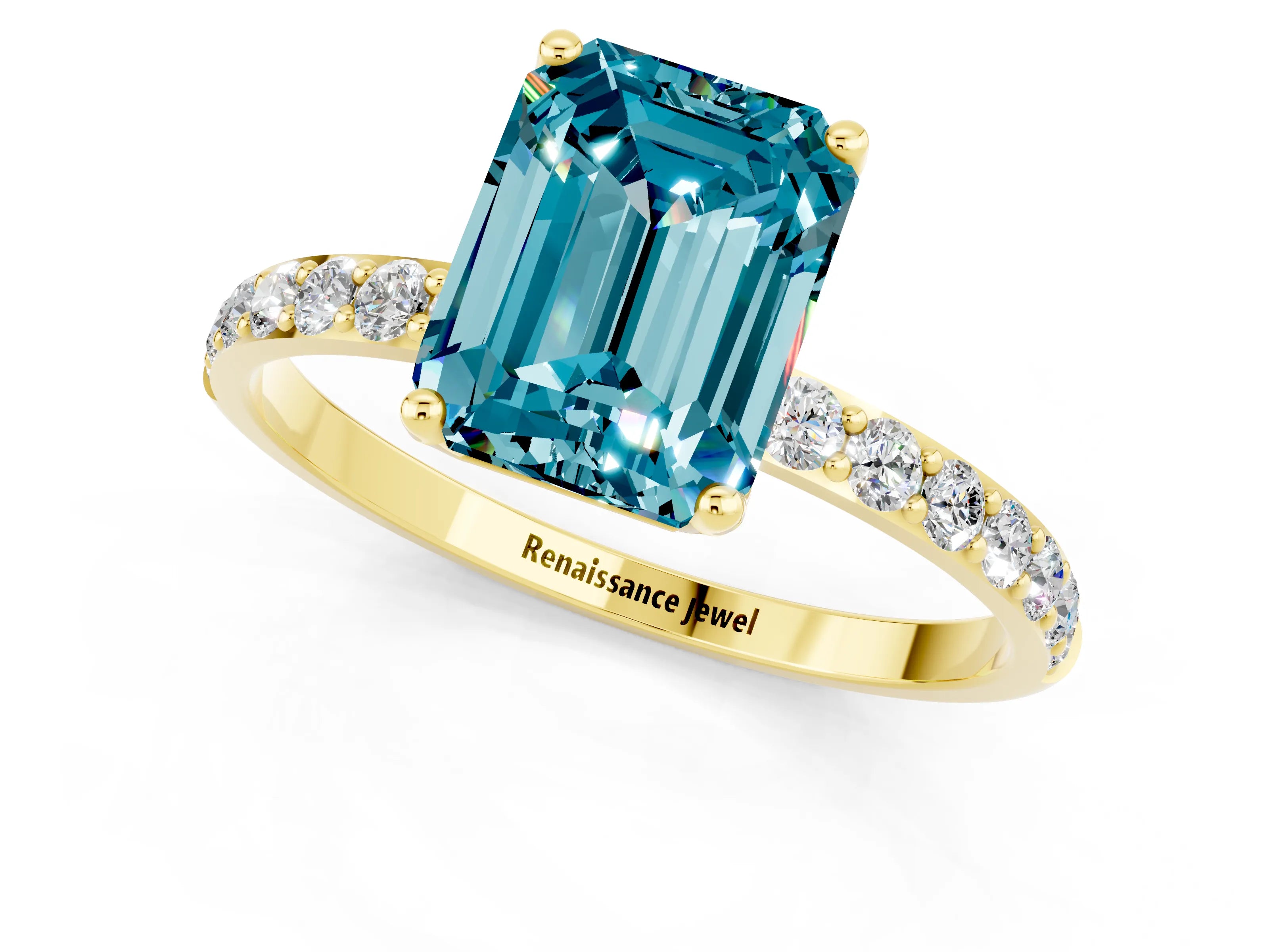 Yellow gold Emerald Cut Blue Topaz Solitaire Engagement Ring with Pavé Band and Prong Setting_1